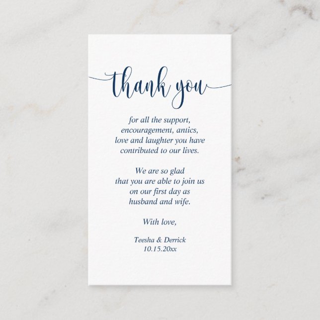 Wedding Thank you, Modern Script, Classy Navy Blue Enclosure Card (Front)