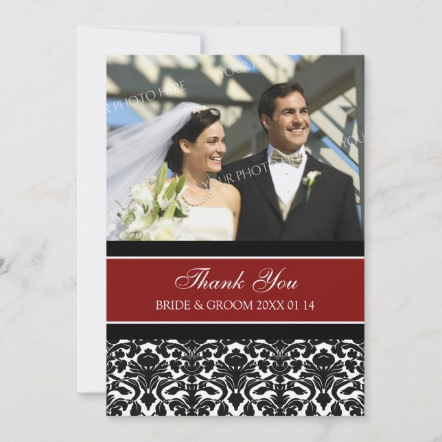 Wedding Thank You Photo Cards Red Damask (Front)