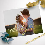 Wedding Thank You Photo Chic Calligraphy Foil Holiday Postcard<br><div class="desc">Chic calligraphy overlay, wedding thank you postcard. Easy to personalize with your details. Please get in touch with me via chat if you have questions about the artwork or need customization. Also, check the collection for more items. PLEASE NOTE: For assistance on orders, shipping, product information, etc., contact Zazzle Customer...</div>