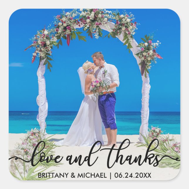 Wedding Thank You |  Photo Love and Thanks Square Sticker (Front)