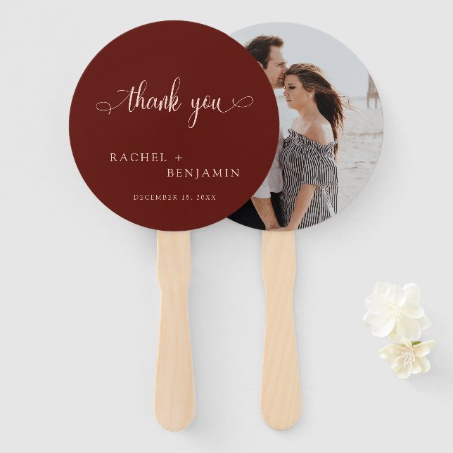 Wedding Thank You Photo Terracotta Script Rustic Hand Fan (Front and Back)
