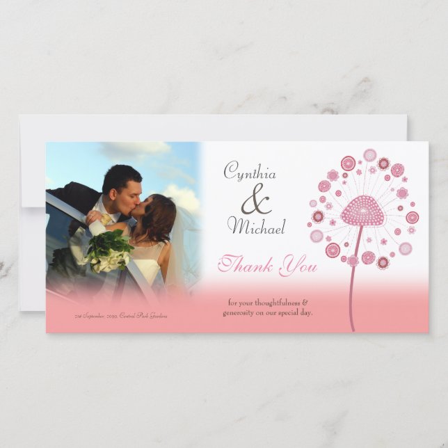 Wedding Thank You Pink Dandelion Photo Card (Front)