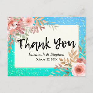 Wedding Thank You Pink Flowers Teal Gold Confetti Postcard