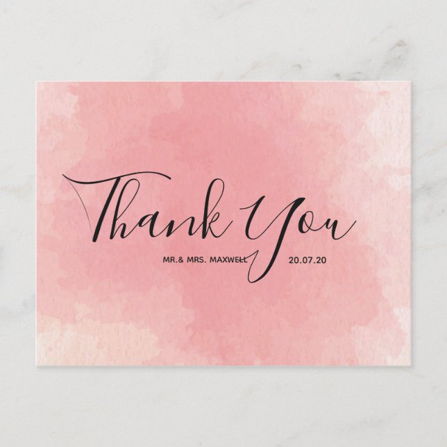 Wedding Thank You Pink Watercolour Script Postcard (Front)