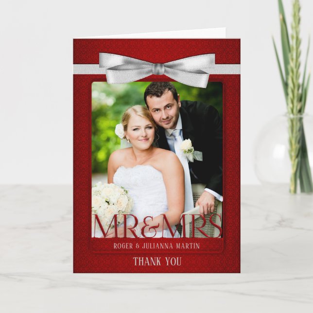 Wedding Thank You Red Damask Photo (Front)