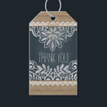 Wedding Thank You Rustic Burlap Lace Chalkboard Gift Tags<br><div class="desc">The text on this rustic burlap, lace, chalkboard and twine bow wedding favour gift tag is fully customizable. This is a great wedding invitation if you are having a rustic, barn, farm, outdoor, cottage, western, or country theme. This personalized wedding favour gift tag is currently customized for a wedding, but...</div>