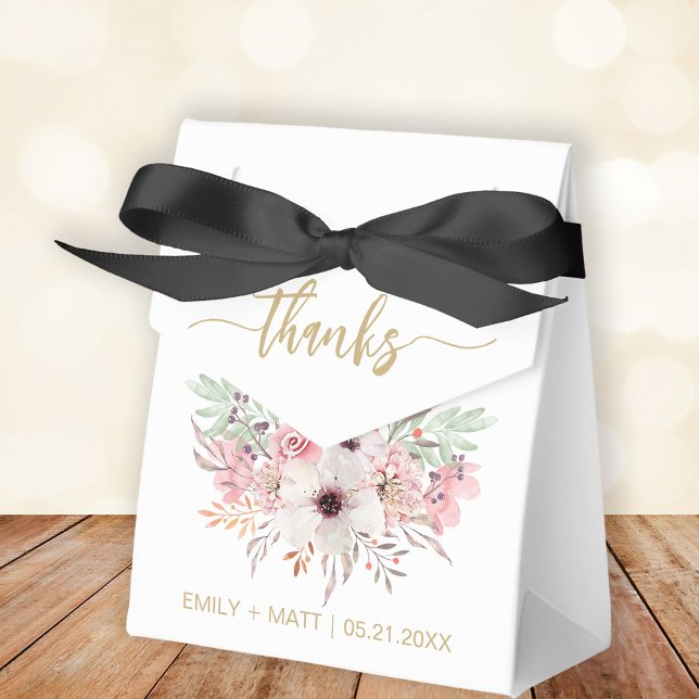  Wedding Thank You Rustic Pink Floral Favour Boxes (Stylishly Personalize with Your Custom Names & Date.)