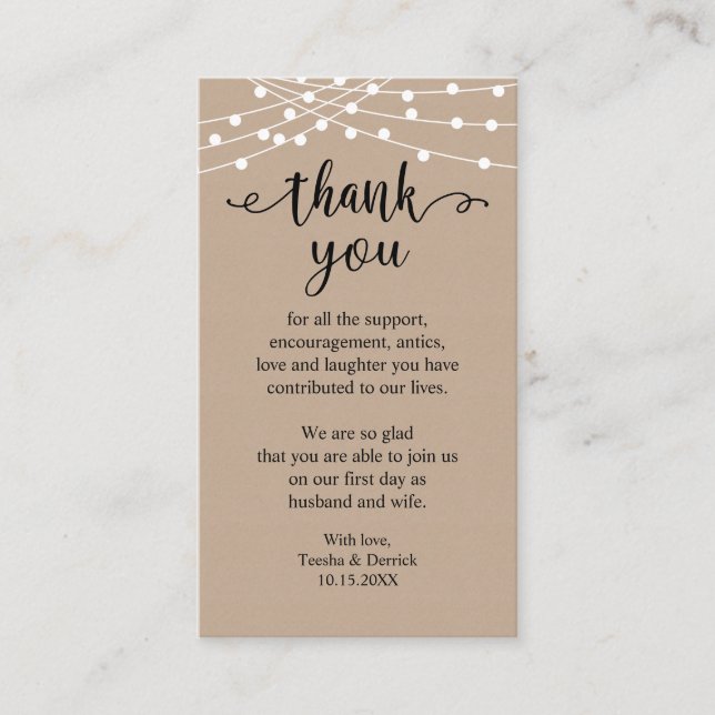 Wedding Thank you, Rustic String Lights Kraft Enclosure Card (Front)
