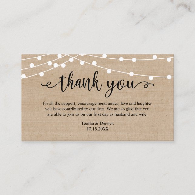 Wedding Thank you, Rustic String Lights Wood Enclosure Card (Front)