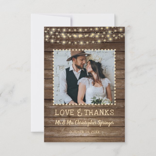 Wedding Thank You Rustic Wood String Lights Card (Front)