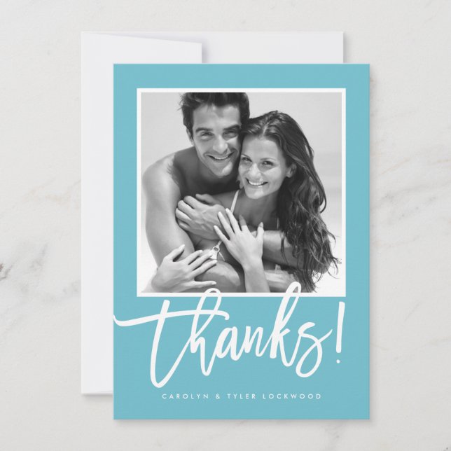 WEDDING THANK YOU simple lettered turquoise blue Card (Front)