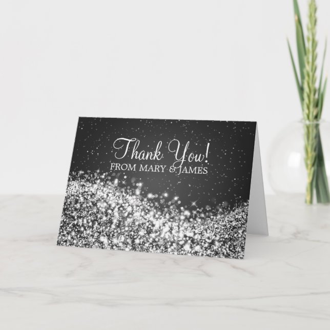Wedding "Thank you" Sparkling Wave Black Thank You Card (Front)