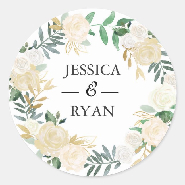 Wedding Thank you stickers | White & gold flowers (Front)