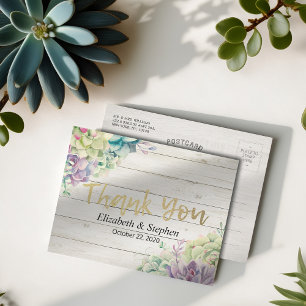 Wedding Thank You Succulent Plants Rustic Wood Postcard