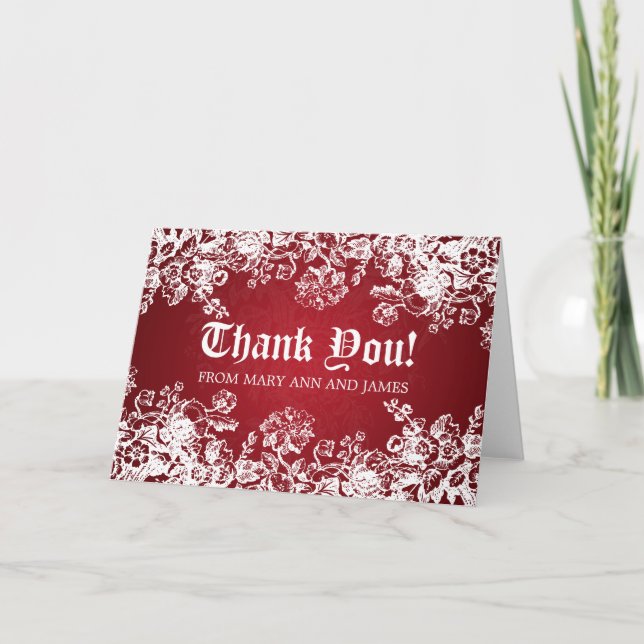 Wedding "Thank you" Victorian Flourish Red Thank You Card (Front)