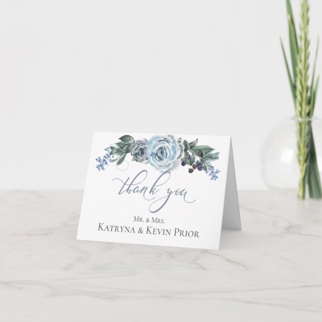 Wedding Thank You  |  Watercolor Dusty Blue Rose (Front)
