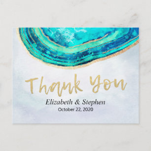 Wedding Thank You Watercolor Teal Gold Agate Geode Postcard