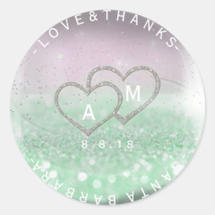 Wedding Thanks Silver Glitter Mint Lilac Monogram Classic Round Sticker
