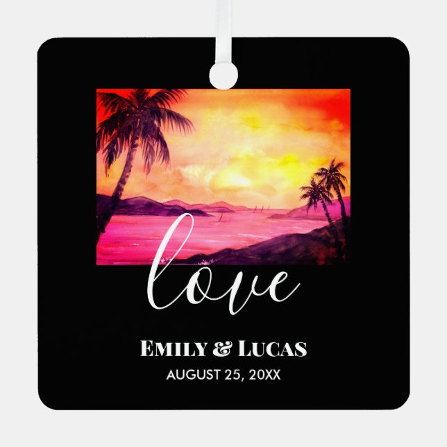 Wedding Theme Tropical Beach Sunset Watercolor Metal Ornament (Front)