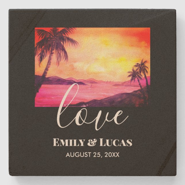 Wedding Theme Tropical Beach Sunset Watercolor Stone Coaster (Front)
