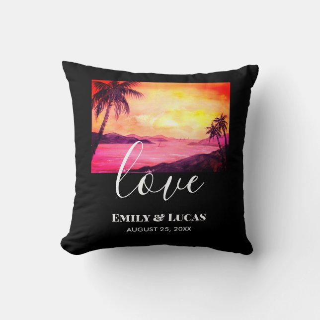 Wedding Theme Tropical Beach Sunset Watercolor Throw Pillow (Front)