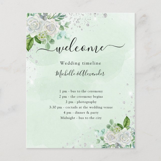 Wedding timeline program floral eucalyptus green flyer (Front)