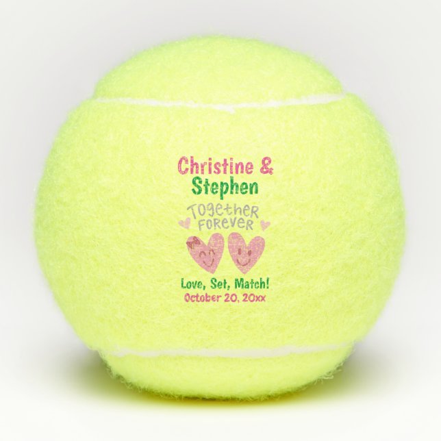 Wedding Together Forever Cartoon Hearts Favour Tennis Balls (Front)