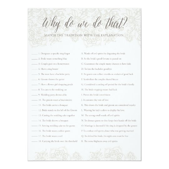 Wedding Traditions Bridal Shower Game Card
