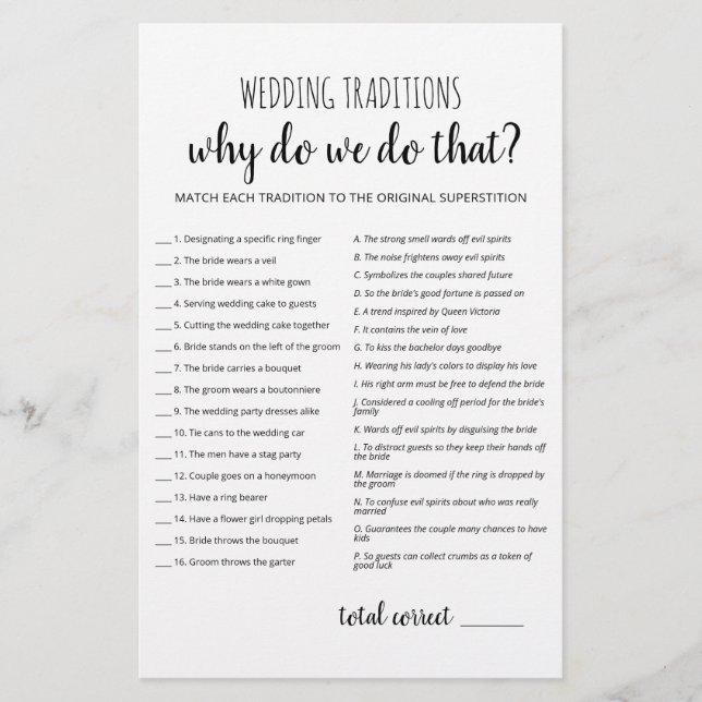 Wedding traditions game (Answers in description) (Front)