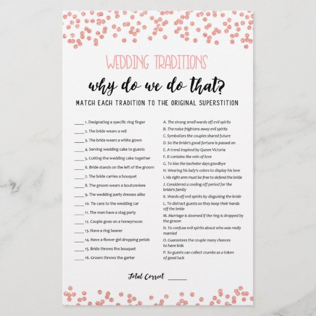 Wedding traditions game with Answers (Front)
