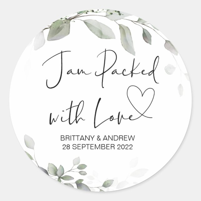 Wedding Treat Jar Favor Jam Packed With Love Classic Round Sticker (Front)