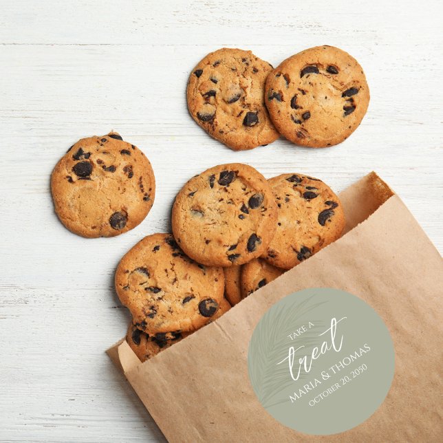 Wedding Trendy Sage Green Take A Treat  Classic Round Sticker (Wedding "Take a Treat" Stickers with bride and groom's names. )