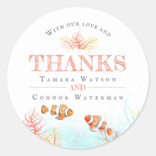 Wedding tropical coral fish watercolor thank you classic round sticker