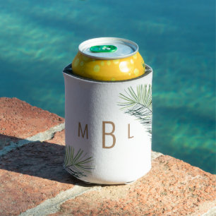 Wedding Tropical Foliage Gold Monogram  Can Cooler