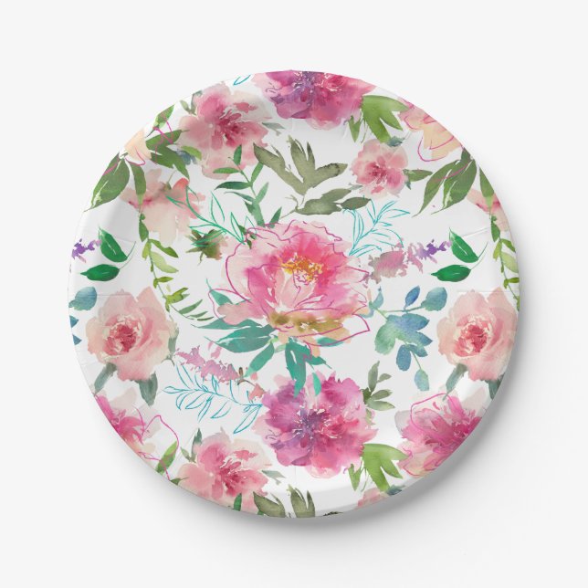 Wedding Tropical Watercolor Floral Pink Peony Paper Plate (Front)
