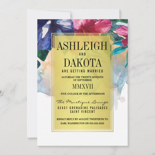 Wedding | Tropical Watercolor Flowers Invitation (Front)