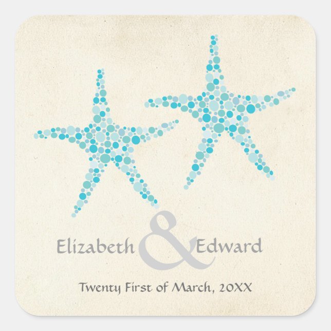 Wedding Turquoise Aqua Starfish Save the Date Square Sticker (Front)