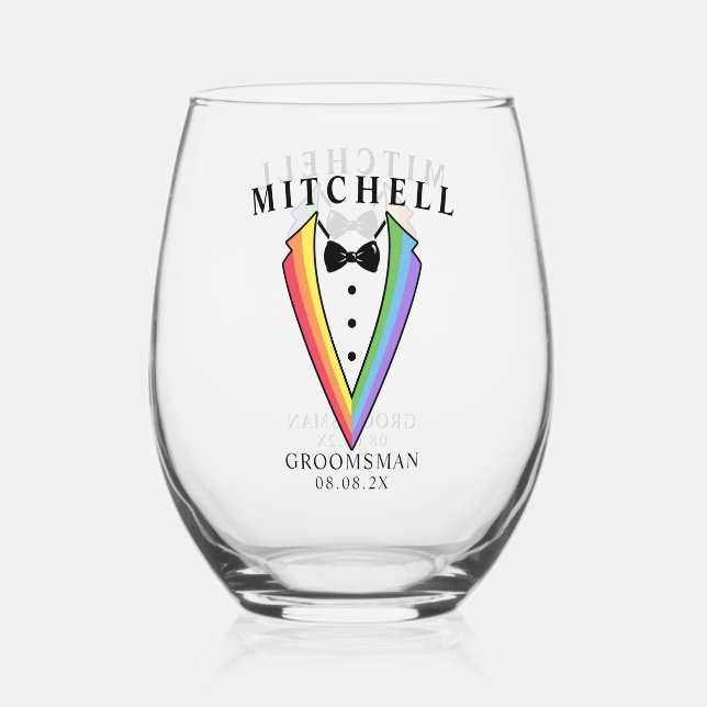 Wedding Tuxedo Personalized Groomsman Stemless Win Stemless Wine Glass (Front)