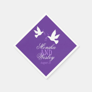 Wedding two white doves purple custom napkins