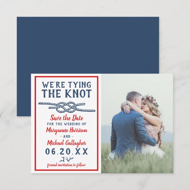 Wedding Tying the Knot Beach Photo Navy Blue Red Save The Date (Front/Back)