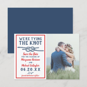 Wedding Tying the Knot Beach Photo Navy Blue Red Save The Date