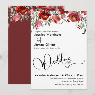 Wedding Typography with Burgundy Red Flowers Invitation
