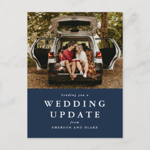 Wedding update change the date navy photo postcard