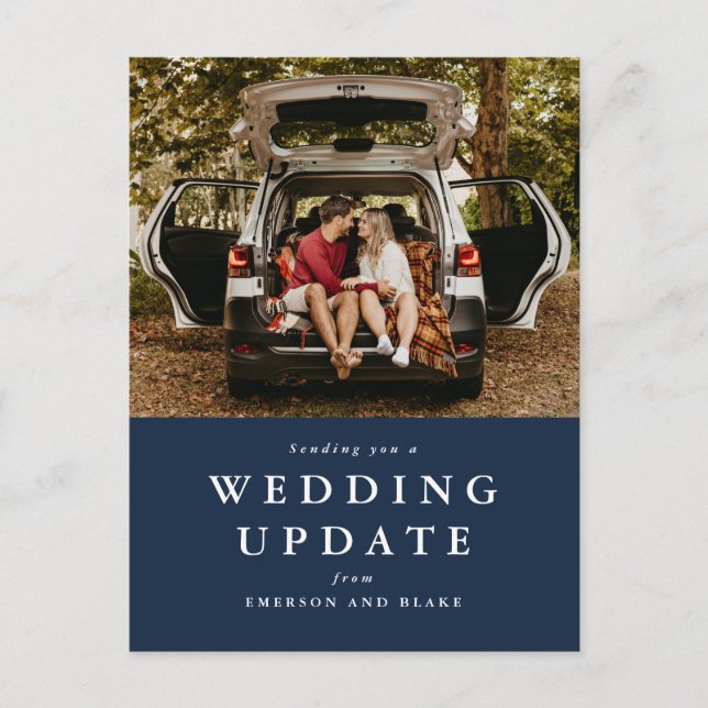 Wedding update change the date navy photo postcard (Front)