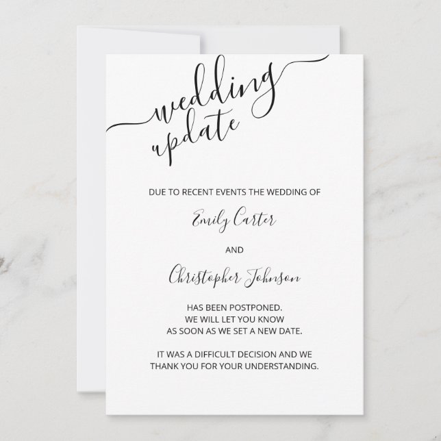 Wedding Update Elegant Script Postponement Card (Front)