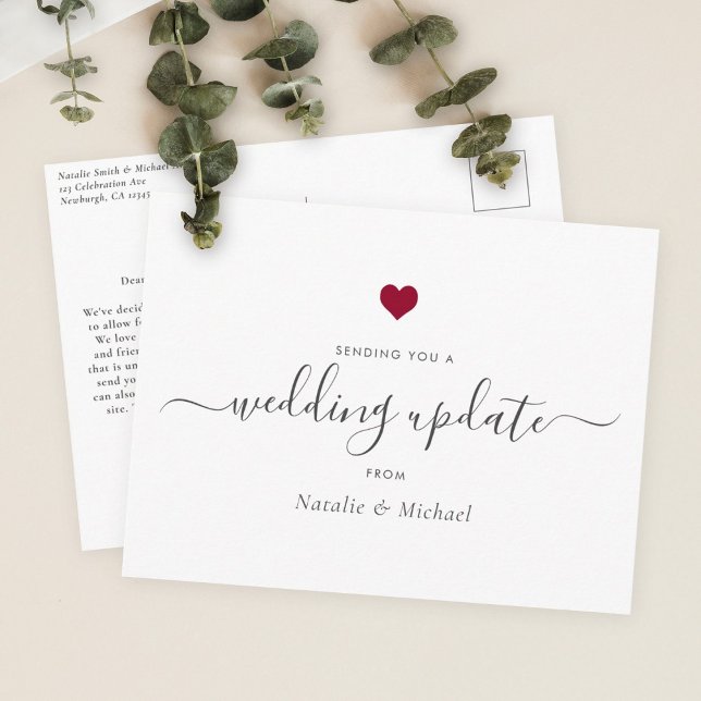 Wedding Update Postponed Elegant Script Red Heart Postcard (Creator Uploaded)