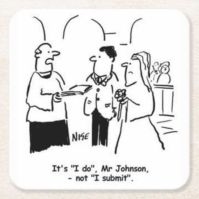 Wedding. Vicar tells  Bridegroom it's "I do". Square Paper Coaster (Front)