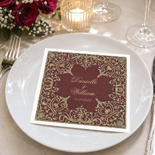 Wedding Vintage Burgundy Gold Elegant Script Napkin