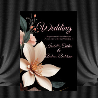 Wedding Vintage Floral peach pink flowers black Invitation