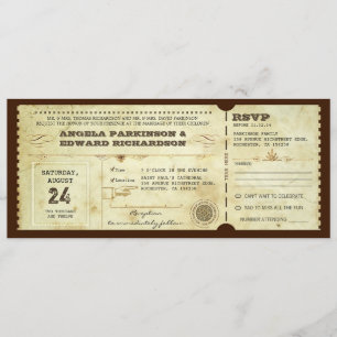 wedding vintage ticket invitation with rsvp design